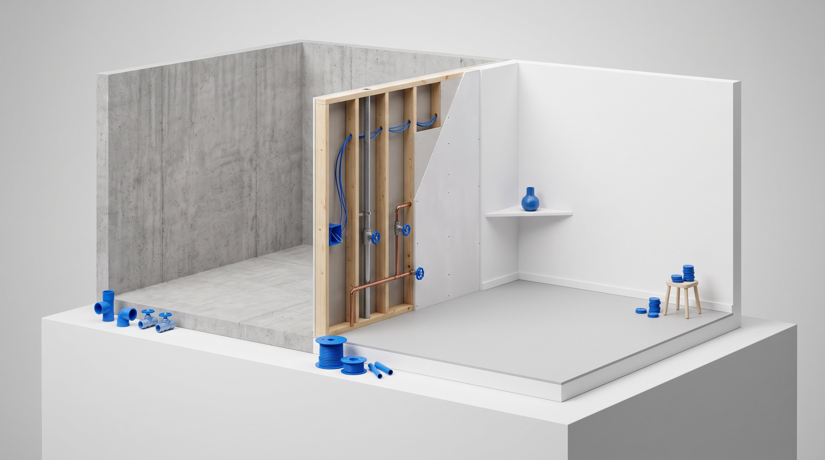 Ultra-minimal flat 2D сцена на белом фоне: пустая квартира в разрезе с тремя зонами состояния — голые бетонные стены, частично подготовленные стены и аккуратно готовый угол; рядом