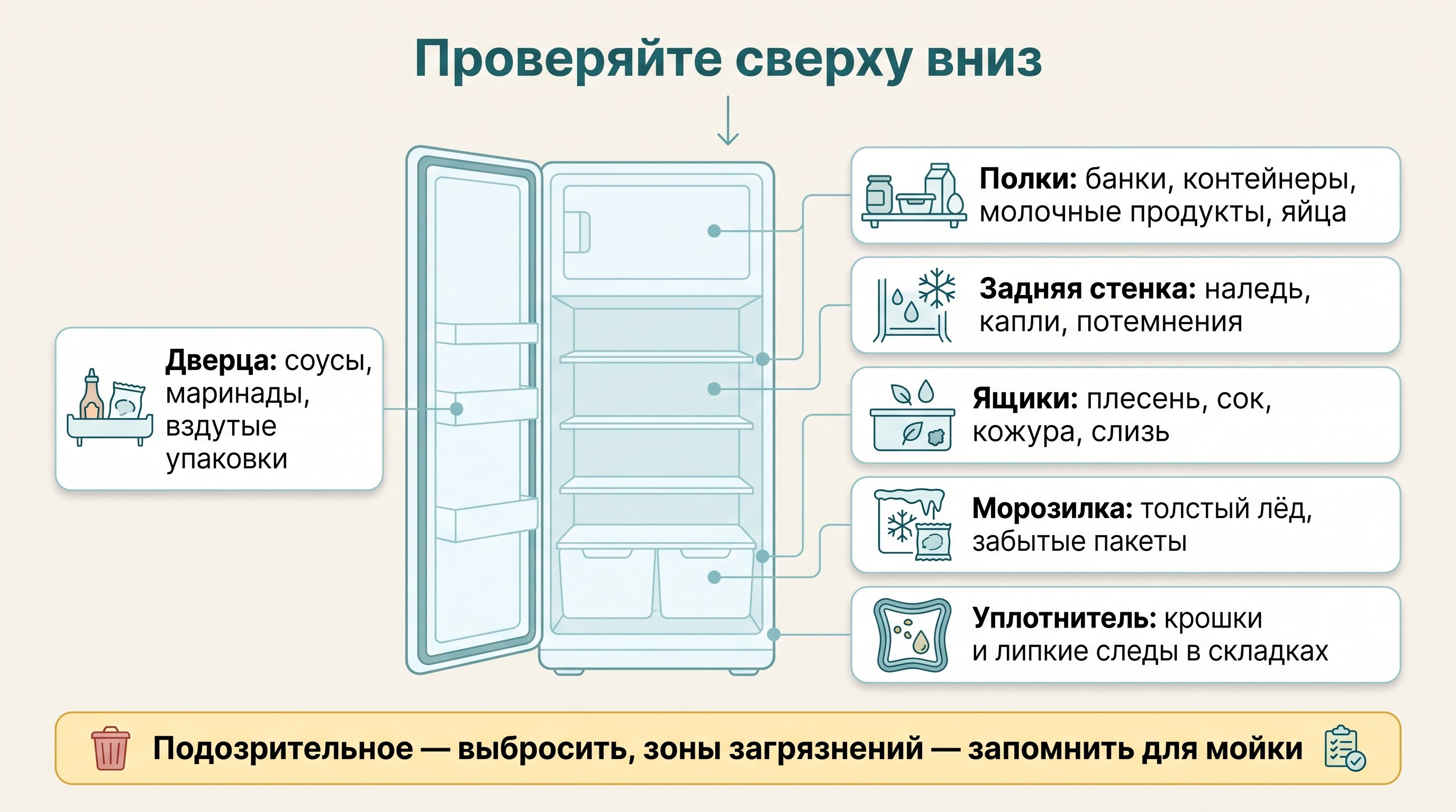 Открытый холодильник в чистой современной кухне: человек в перчатках осматривает содержимое сверху вниз, одной рукой выдвигает овощной ящик, рядом на столешнице стоят отдельные