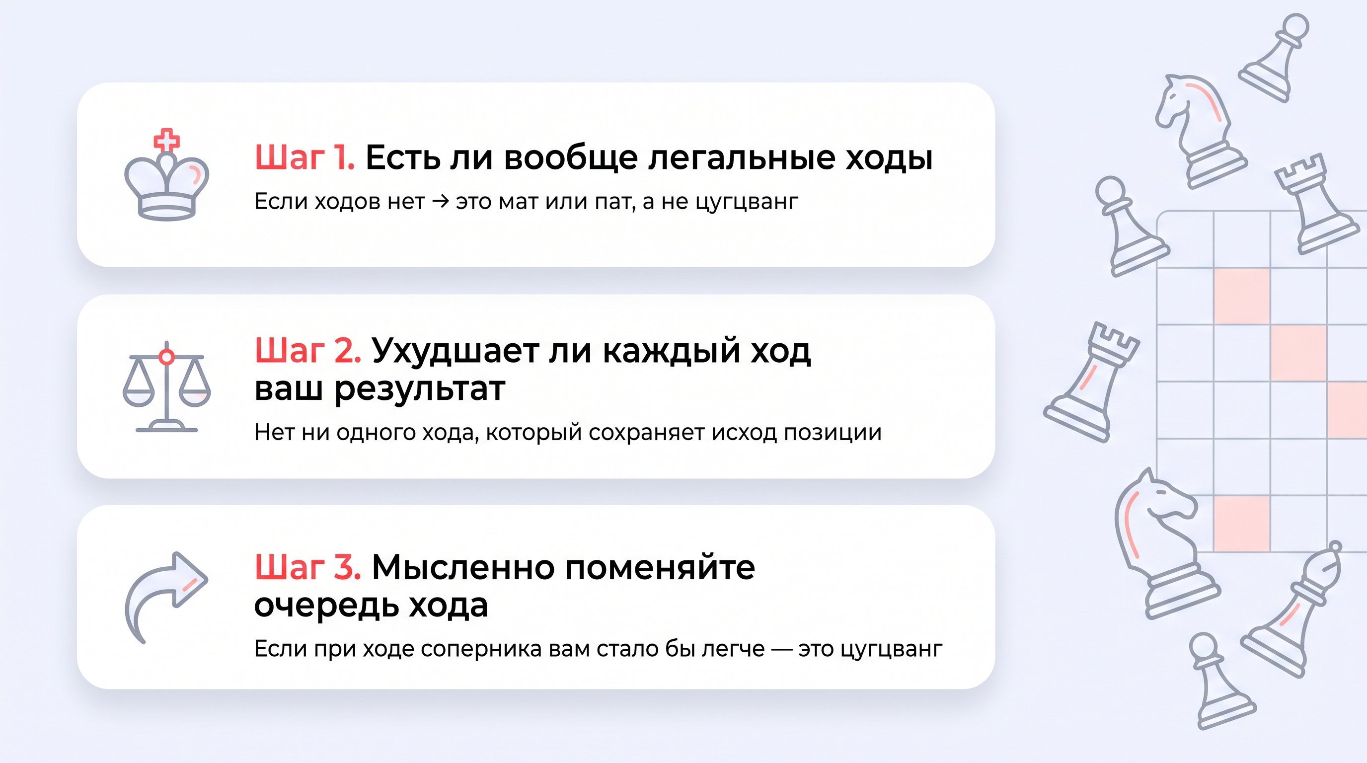 Современная шахматная доска крупным планом в спокойных, нейтральных тонах. У одной стороны король и несколько фигур стоят в внешне устойчивой, аккуратной позиции, но видно, что