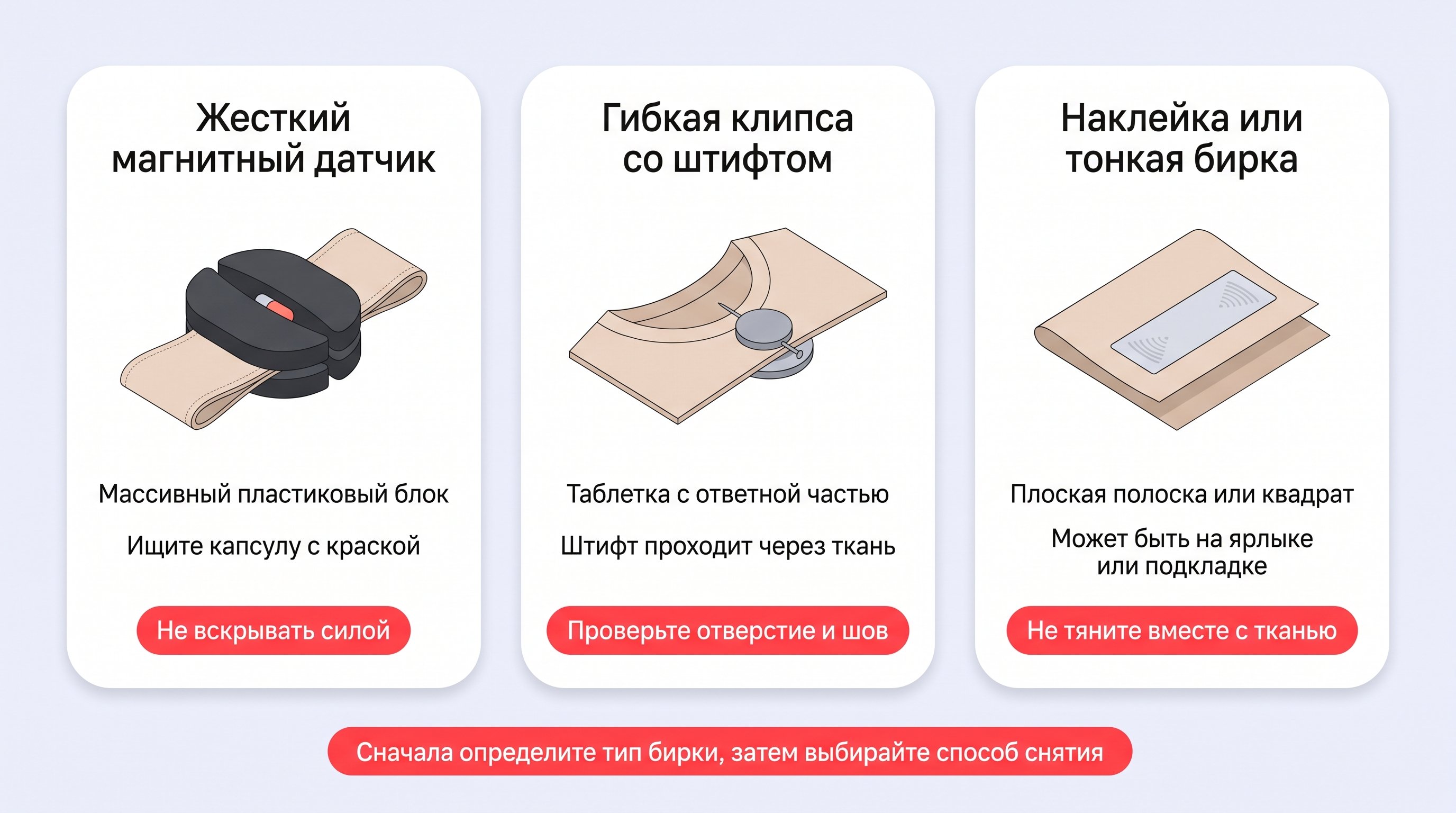 Минималистичная слегка изометрическая сцена на светлом нейтральном фоне: аккуратно разложенная куртка или рубашка с антикражной биркой у шва, рядом рука человека остановилась