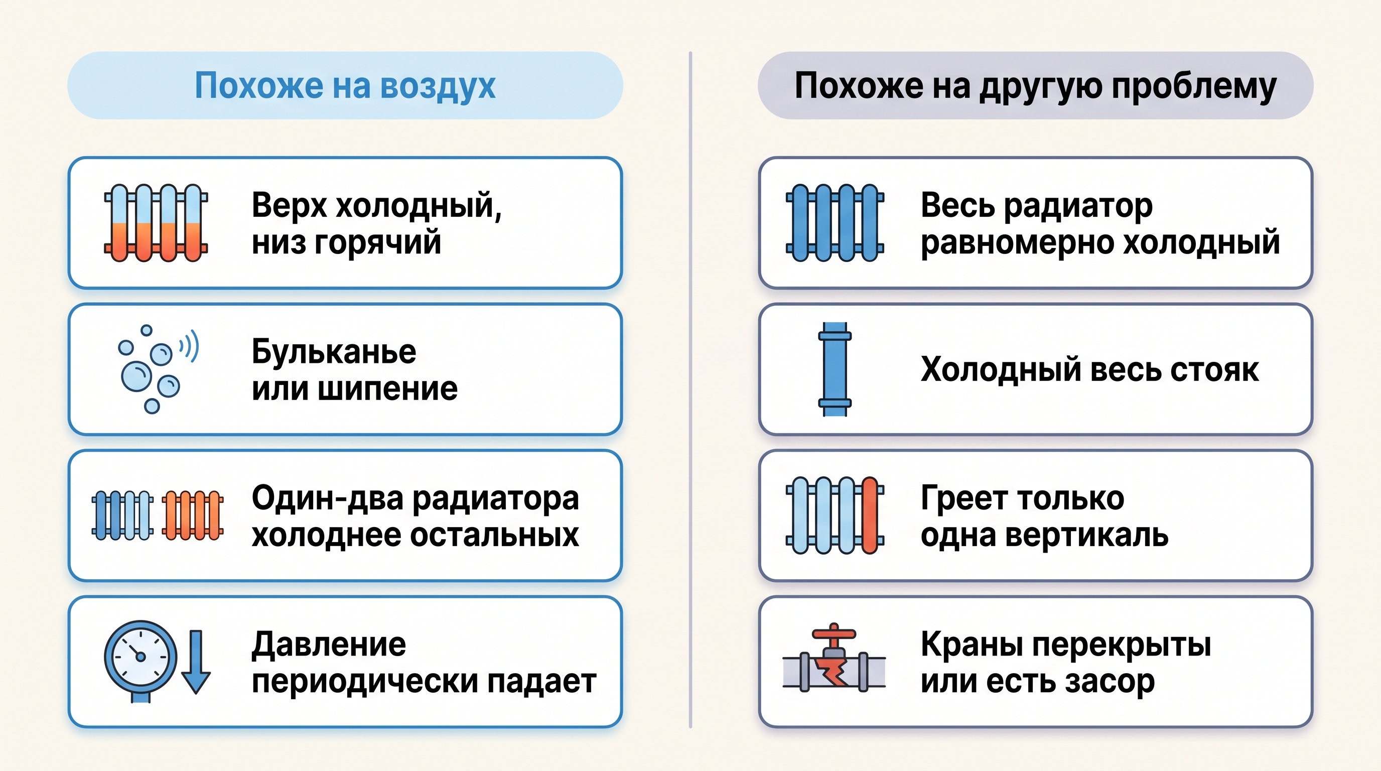 Чистая вертикальная инфографика из двух колонок с пиктограммами радиатора: слева признаки воздушной пробки, справа признаки другой неисправности. Между колонками тонкая