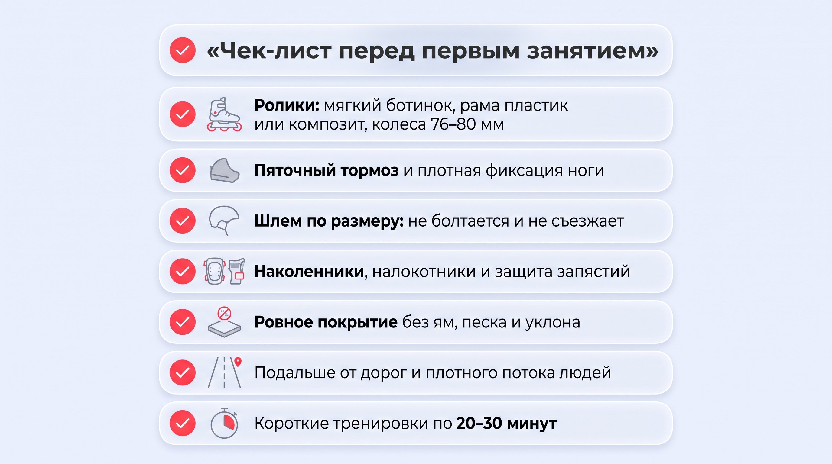 Вертикальный чек-лист из полупрозрачных стеклянных карточек на светлом фоне с мягким блюром и розовыми акцентами. В центре — аккуратная композиция из роликов, шлема и защитных