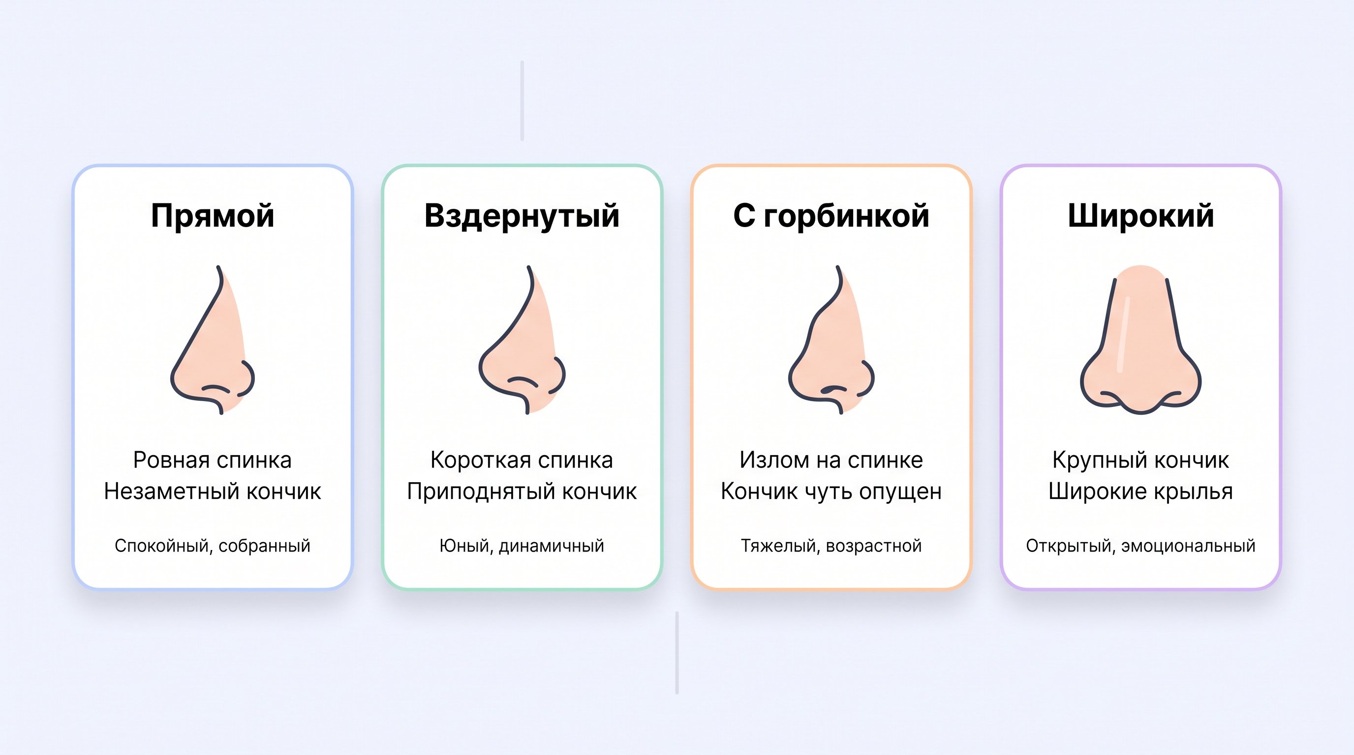 Горизонтальная схема с четырьмя колонками: в каждой сверху упрощенный контур носа в профиль и анфас, ниже — краткие подписи с описанием формы и впечатления. Колонка 1: прямой нос