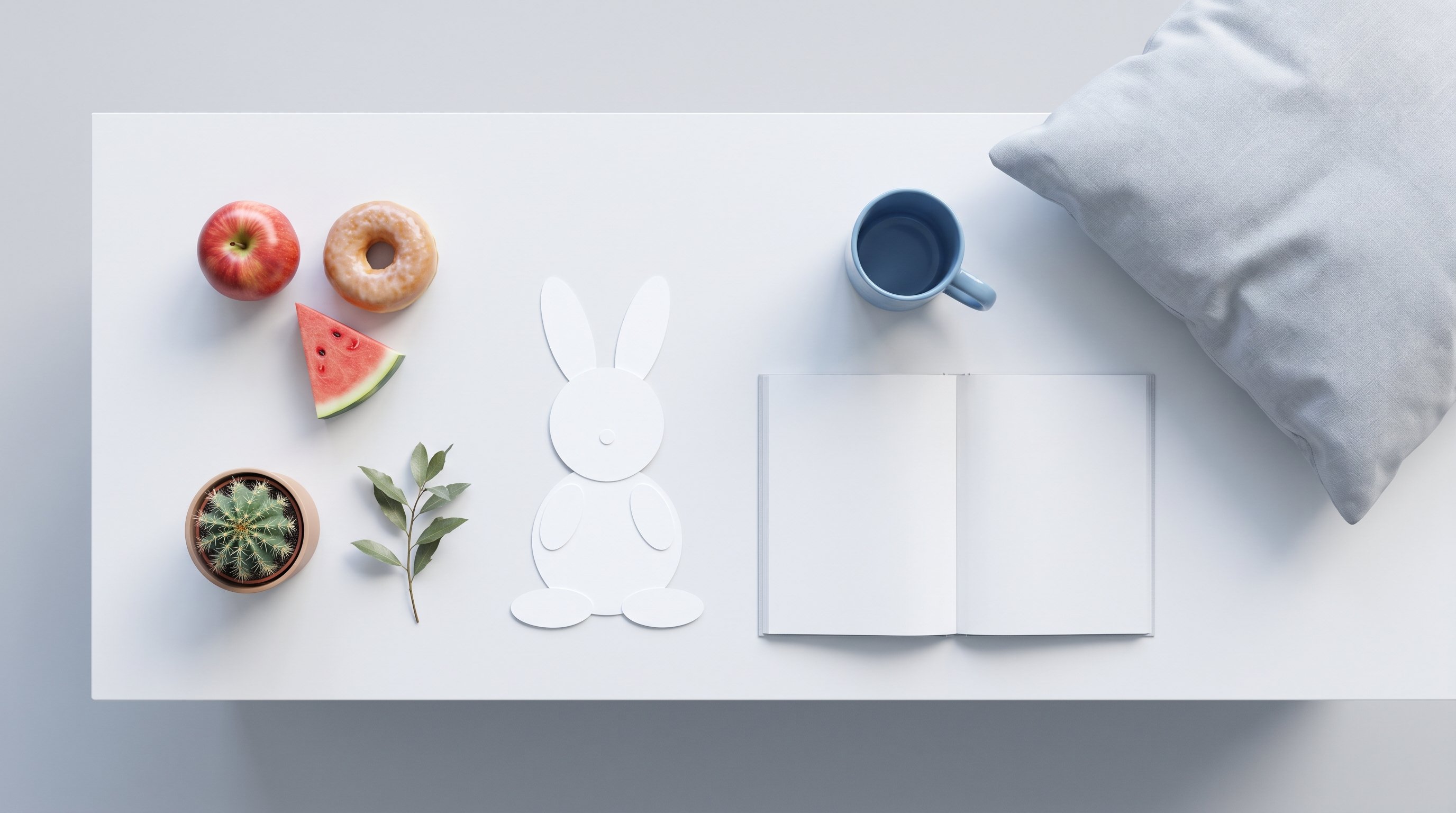 Ultra-minimal flat 2D illustration on a white background: a simple tabletop scene with scattered drawable objects grouped visually by type — an apple, donut and watermelon slice