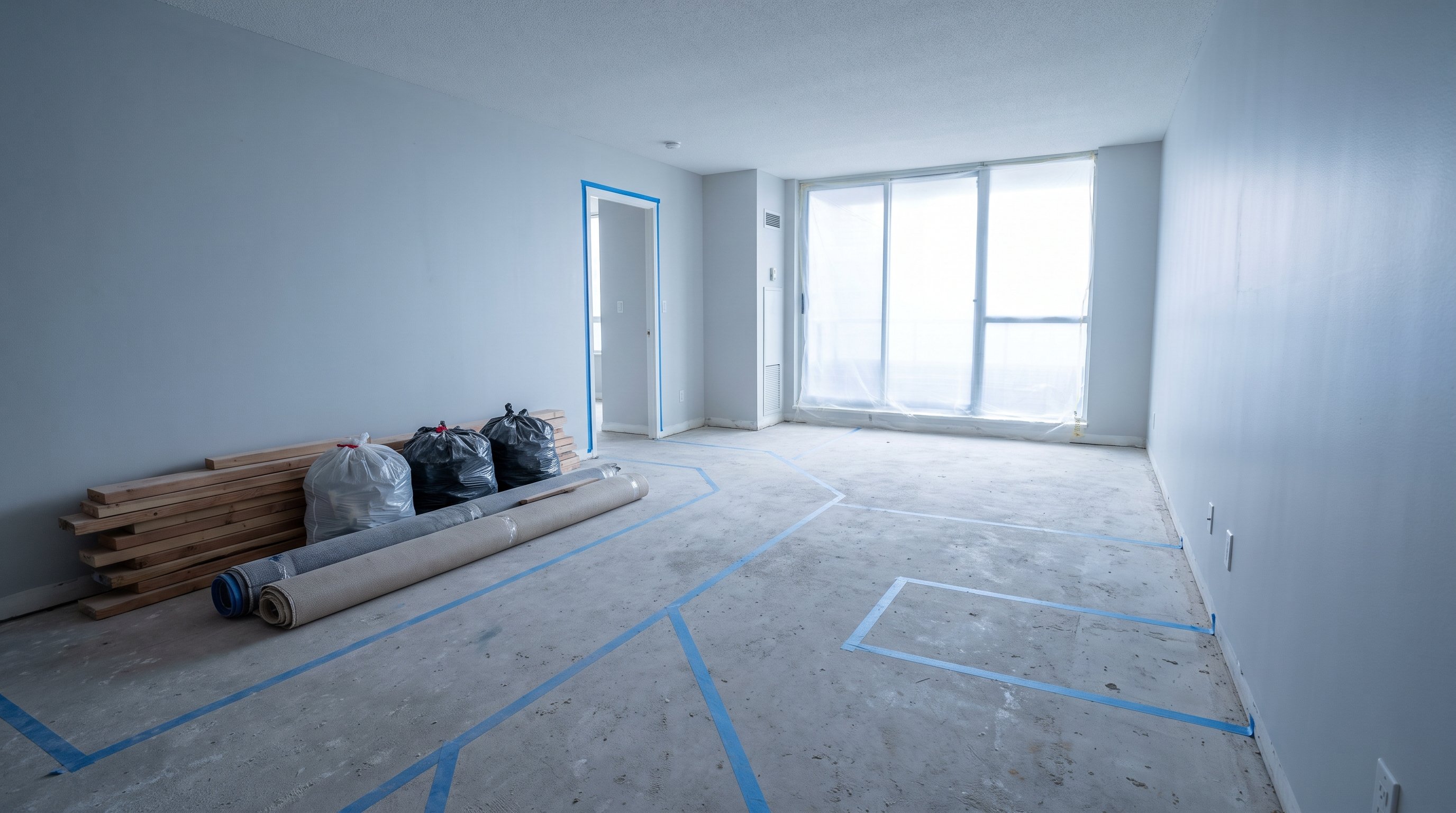 Ultra-minimal flat 2D scene on a white background: empty apartment after demolition with bare walls and exposed floor, a simple floor plan outline subtly overlaid on the room