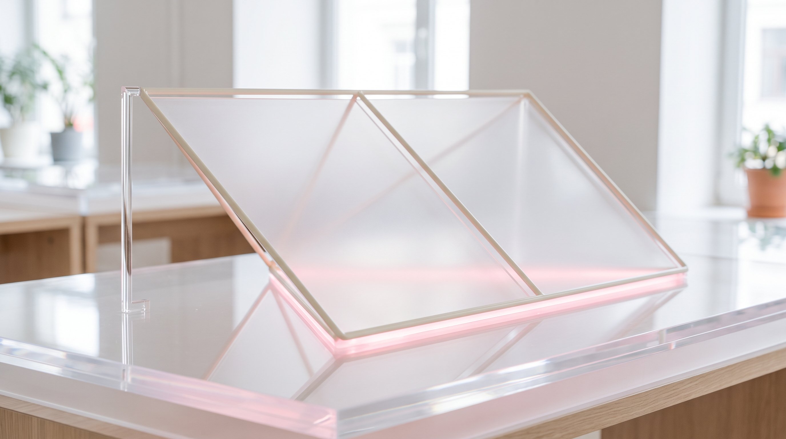 Светлая современная сцена в стиле layered glassmorphism: на полупрозрачной акриловой поверхности лежит объемная геометрическая модель параллелограмма из тонких матовых ребер