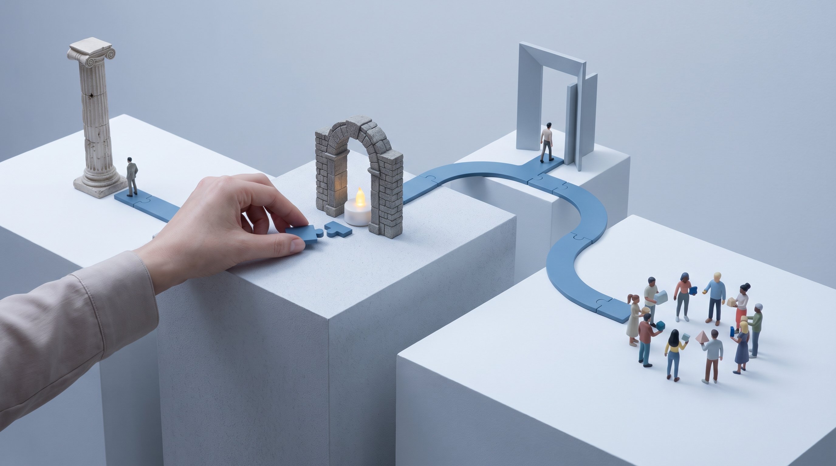Ultra-minimal flat 2D illustration on white background: a thin blue timeline-like path runs horizontally through four simple symbolic scenes — an ancient column with a small human