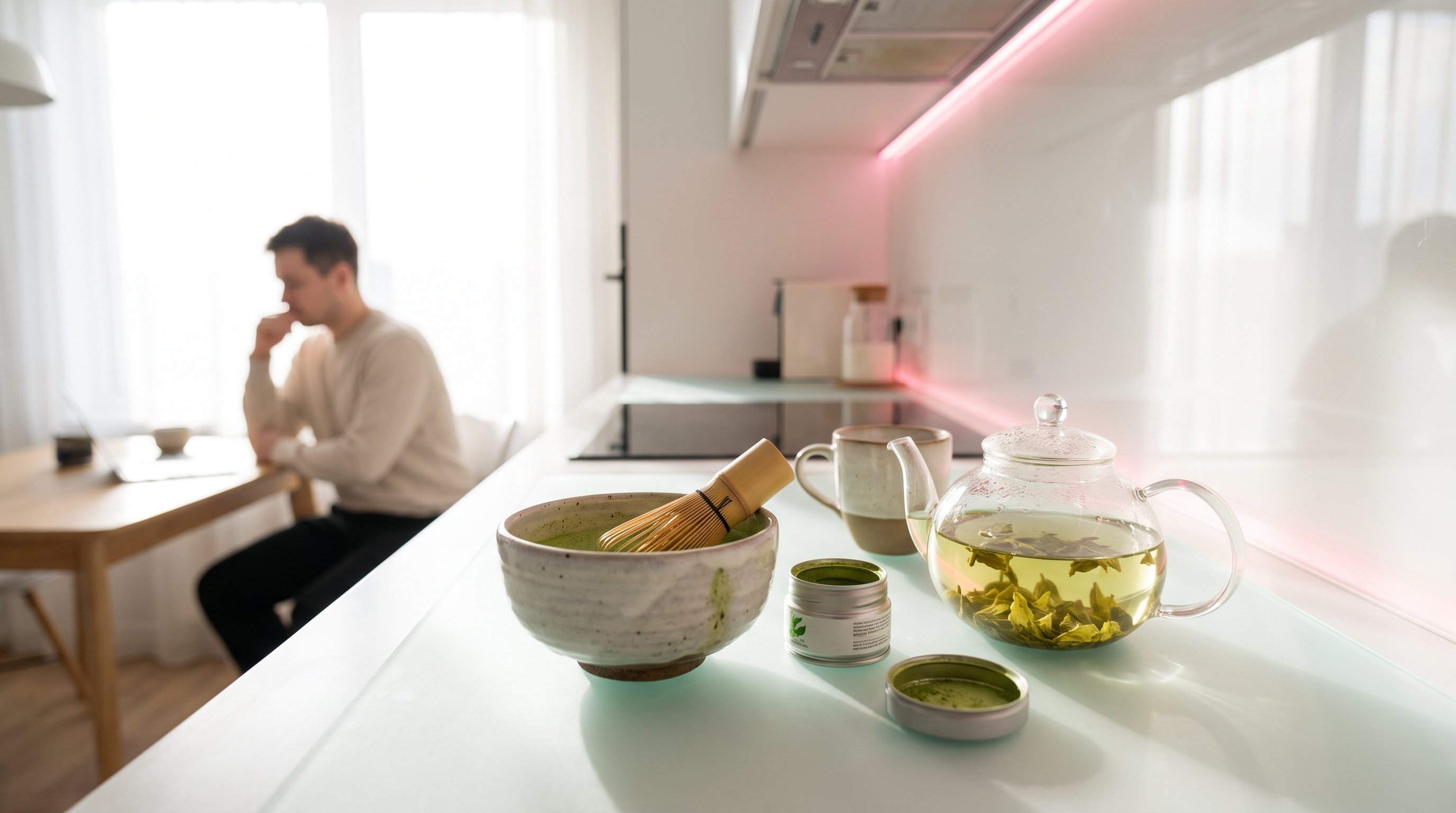 Светлая современная кухня с мягкими стеклянными и акриловыми поверхностями: на столешнице чаша с ярко-зеленой матча, бамбуковый венчик, маленькая пиала с порошком, рядом чашка