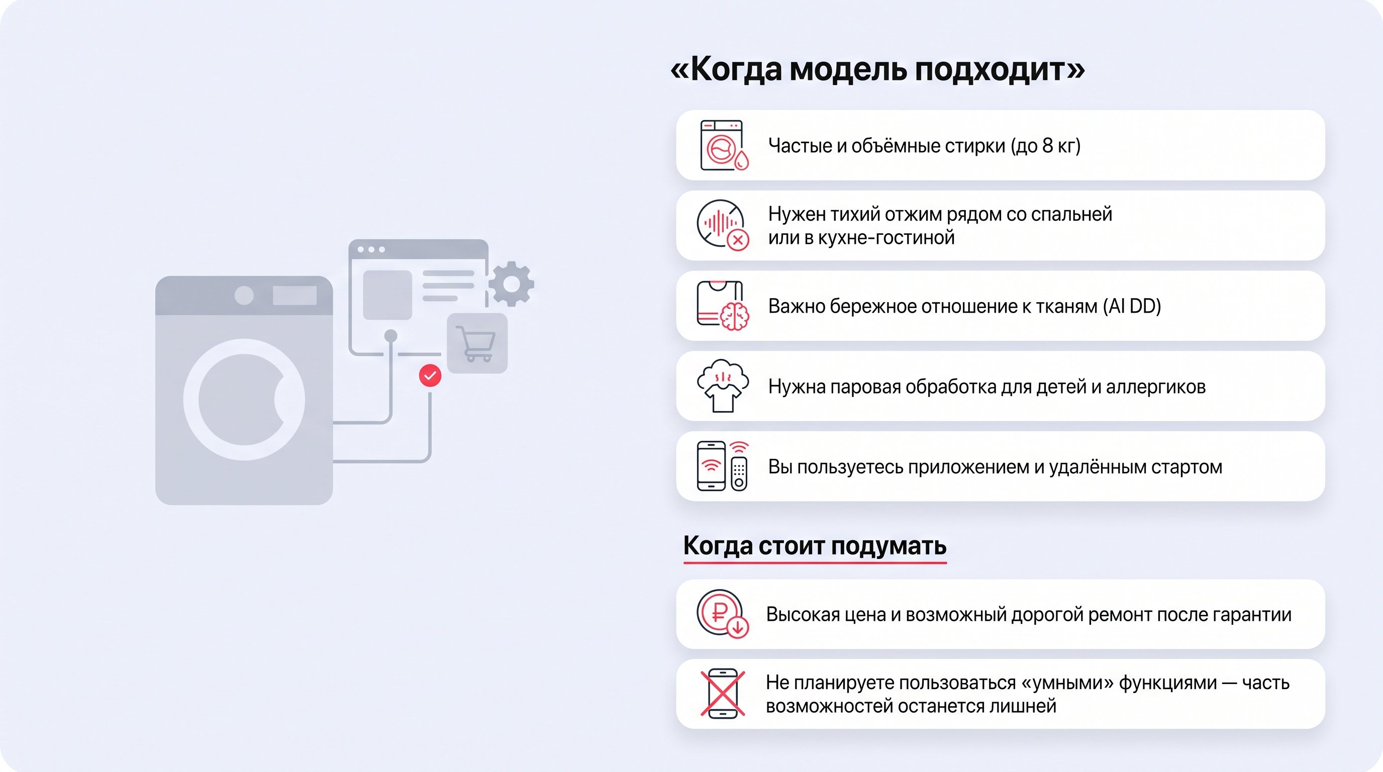 Вертикальный чек-лист в виде аккуратных карточек с иконками: барабан, щиток с уровнем шума, значок ткани с мозгом (ИИ), облачко пара, смартфон и знак рубля. Фон светлый