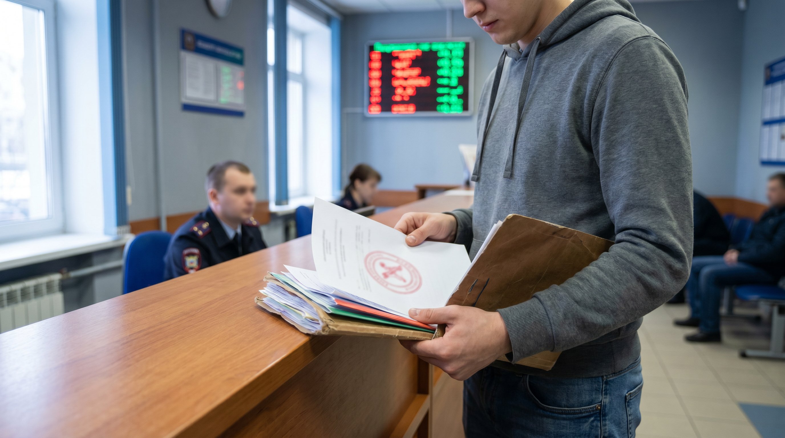 Молодой человек в коридоре отделения ГИБДД стоит перед стойкой с табличкой «Окно приёма» (надпись не читается), в руках у него папка с торчащими разноцветными документами, на