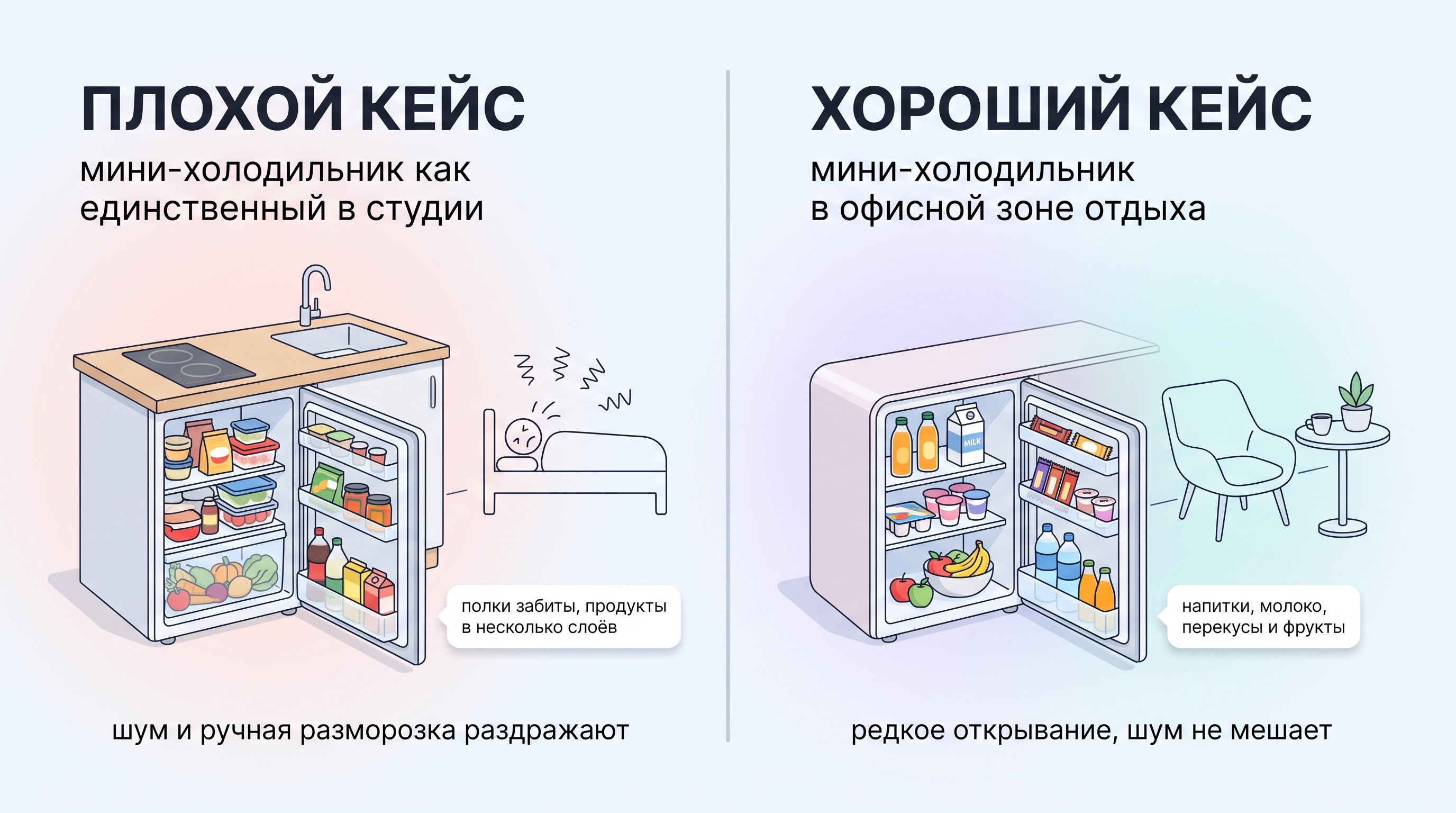 Горизонтально разделённая сцена: слева — тесная студия с кроватью и кухонным уголком, на виду стоит маленький мини‑холодильник, забитый продуктами в несколько слоёв, рядом таз с
