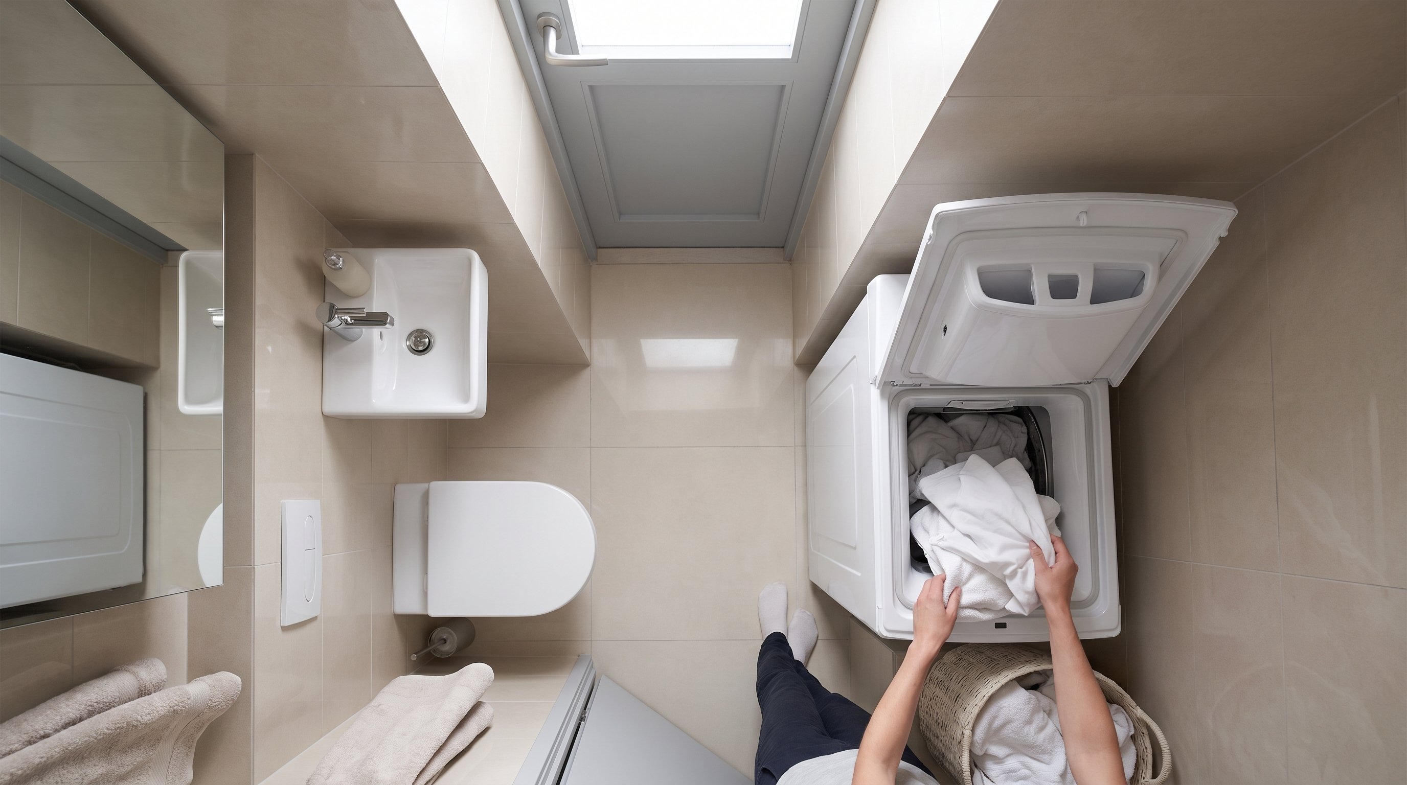 Узкая ванная комната сверху и немного под углом: справа вдоль стены стоит вертикальная стиральная машина, крышка которой полностью открывается вверх в свободное пространство