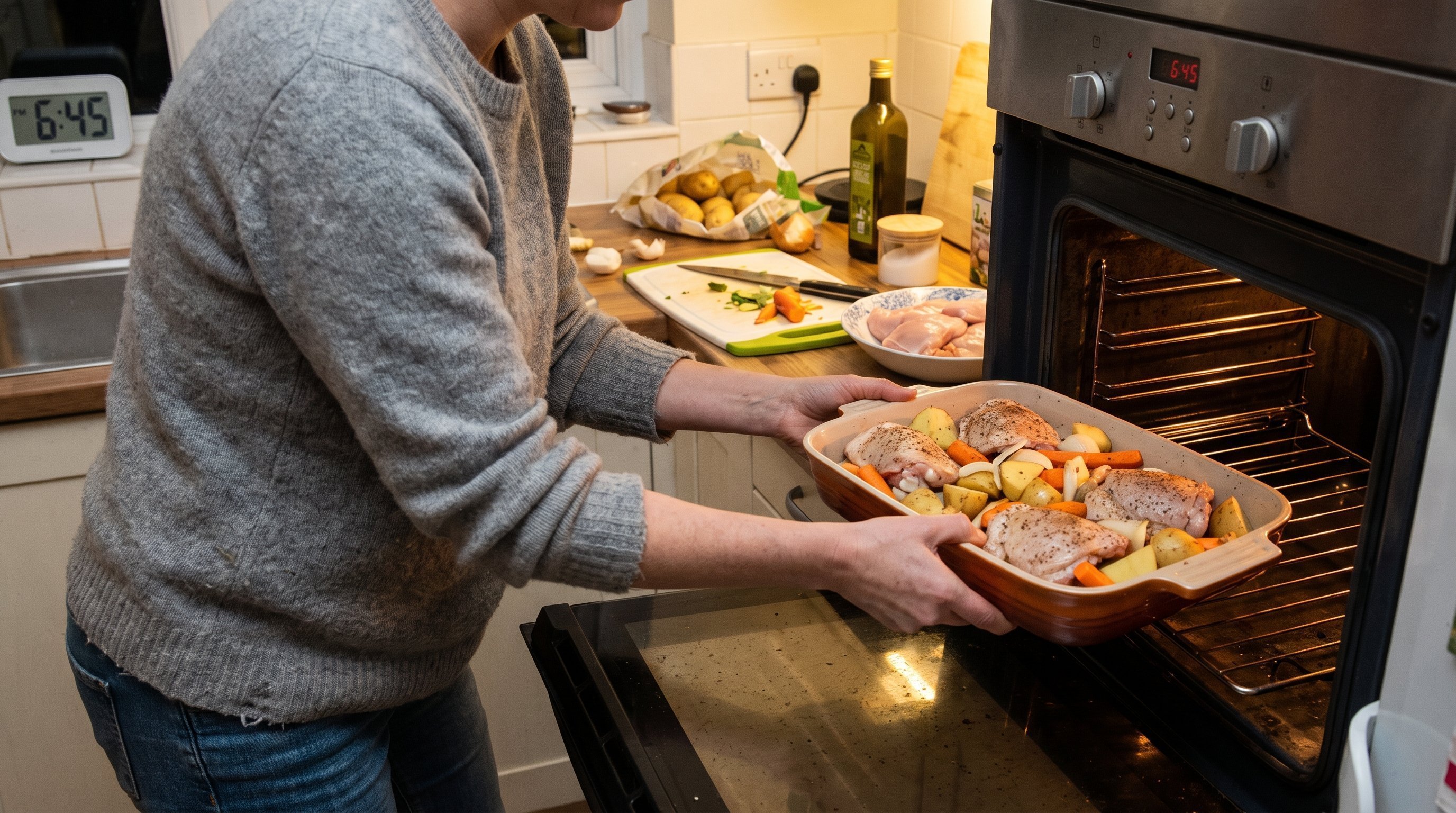 Реальная домашняя кухня вечером: на столешнице подготовлены простые продукты для запекания, рядом форма с уже уложенными куриными бедрами, картофелем и овощами, открытая духовка