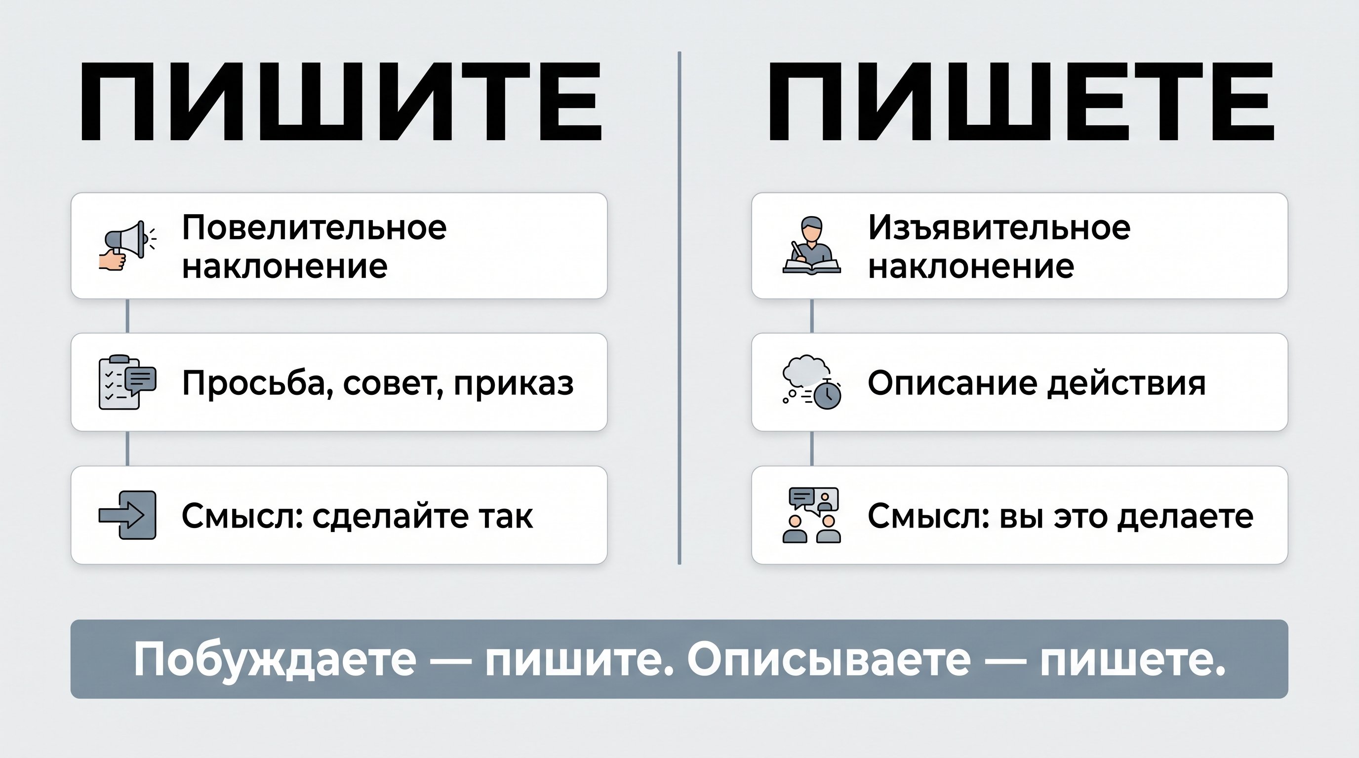 Чистая двухколоночная схема сравнения форм «пишите» и «пишете». Левая колонка посвящена побуждению к действию, правая — описанию действия собеседника. Внизу короткий ориентир для