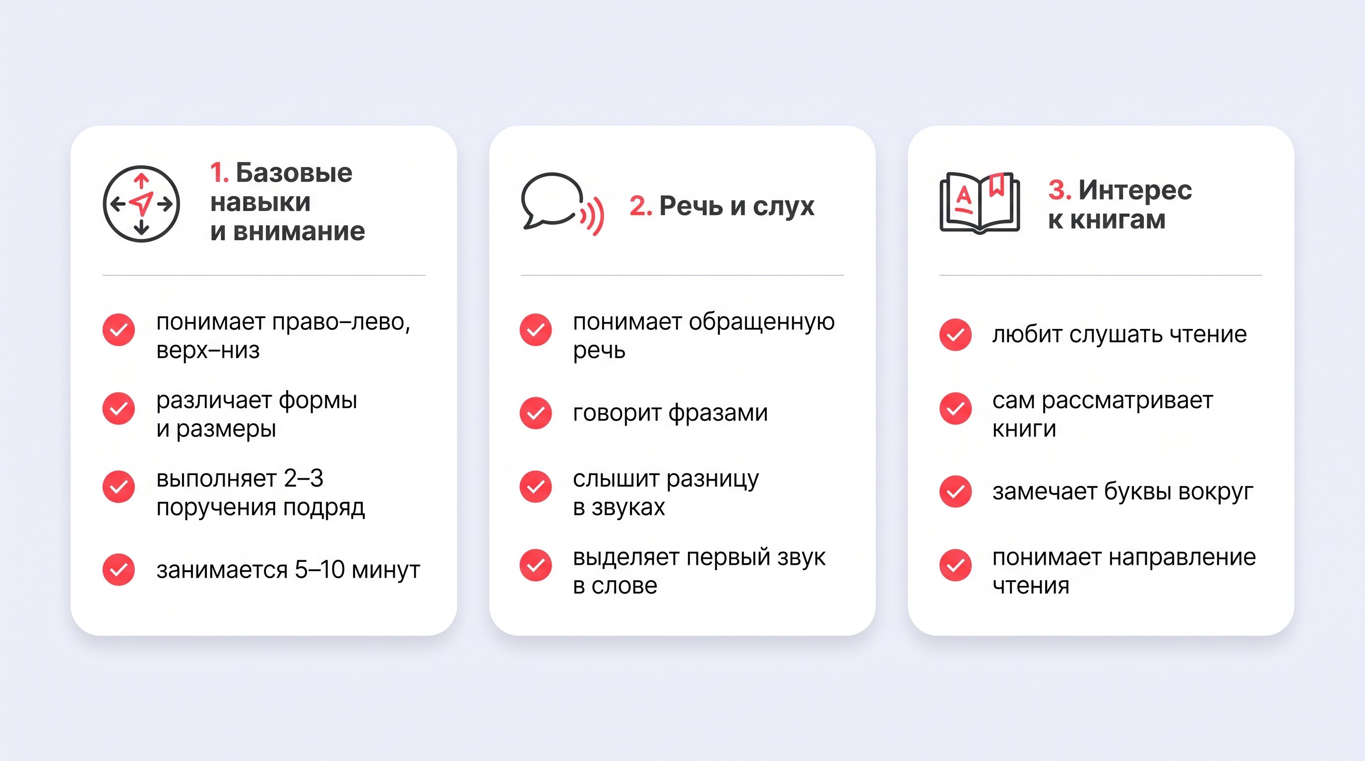 Чистая редакционная схема на светлом пастельном фоне: три крупные белые карточки с мягкими тенями расположены в ряд. Каждая карточка — группа признаков готовности ребенка к