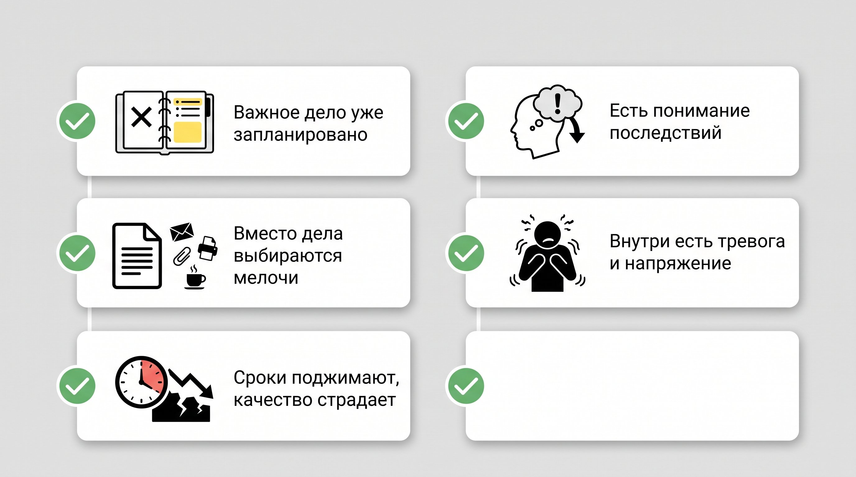Аккуратный вертикальный чек-лист на нейтральном фоне: пять карточек с короткими признаками прокрастинации. У каждой карточки простой маркер-галочка и минимальная пиктограмма без