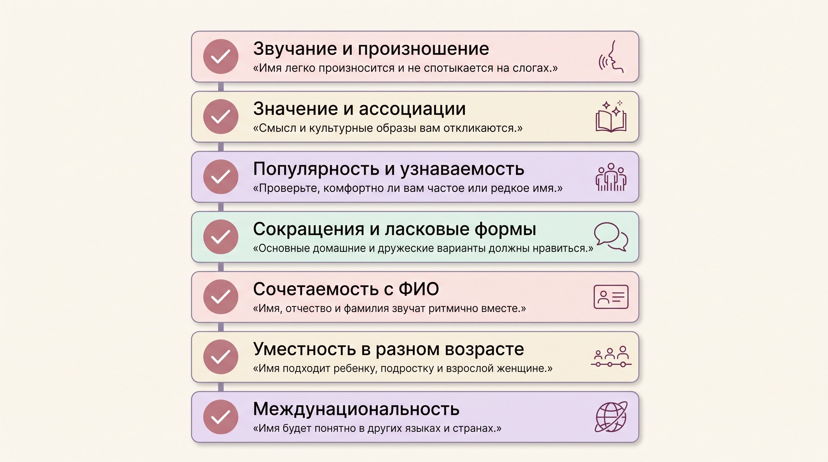 Вертикальный чек-лист с семью критериями выбора имени. Чистая инфографика в мягких пастельных тонах: каждая строка — отдельная карточка с маленькой галочкой и коротким поясняющим