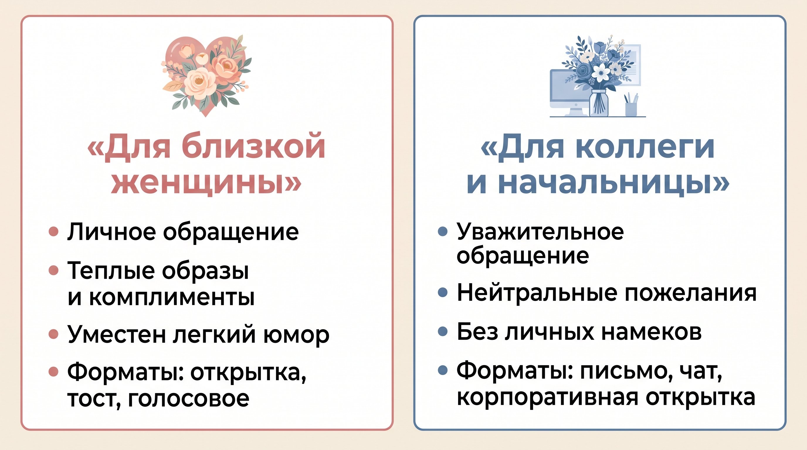 Чистая двухколоночная схема сравнения: слева теплый личный тон для близких женщин, справа сдержанный деловой тон для коллеги или начальницы. В каждой колонке короткие пункты о
