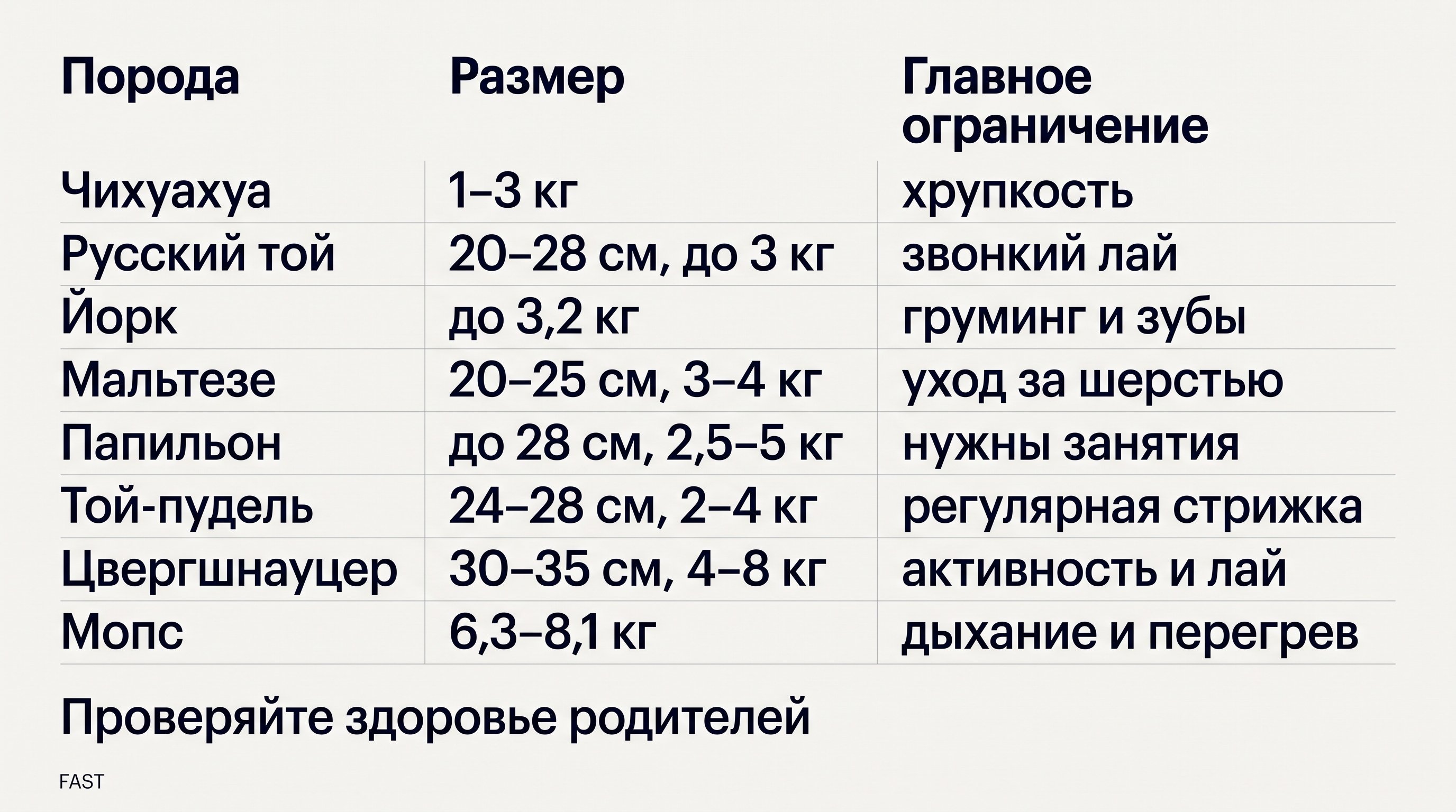 Точная актуализированная схема: Порода | Размер | Главное ограничение; Чихуахуа | 1–3 кг | хрупкость; Русский той | 20–28 см, до 3 кг | звонкий лай; Йорк | до 3,2 кг | груминг и