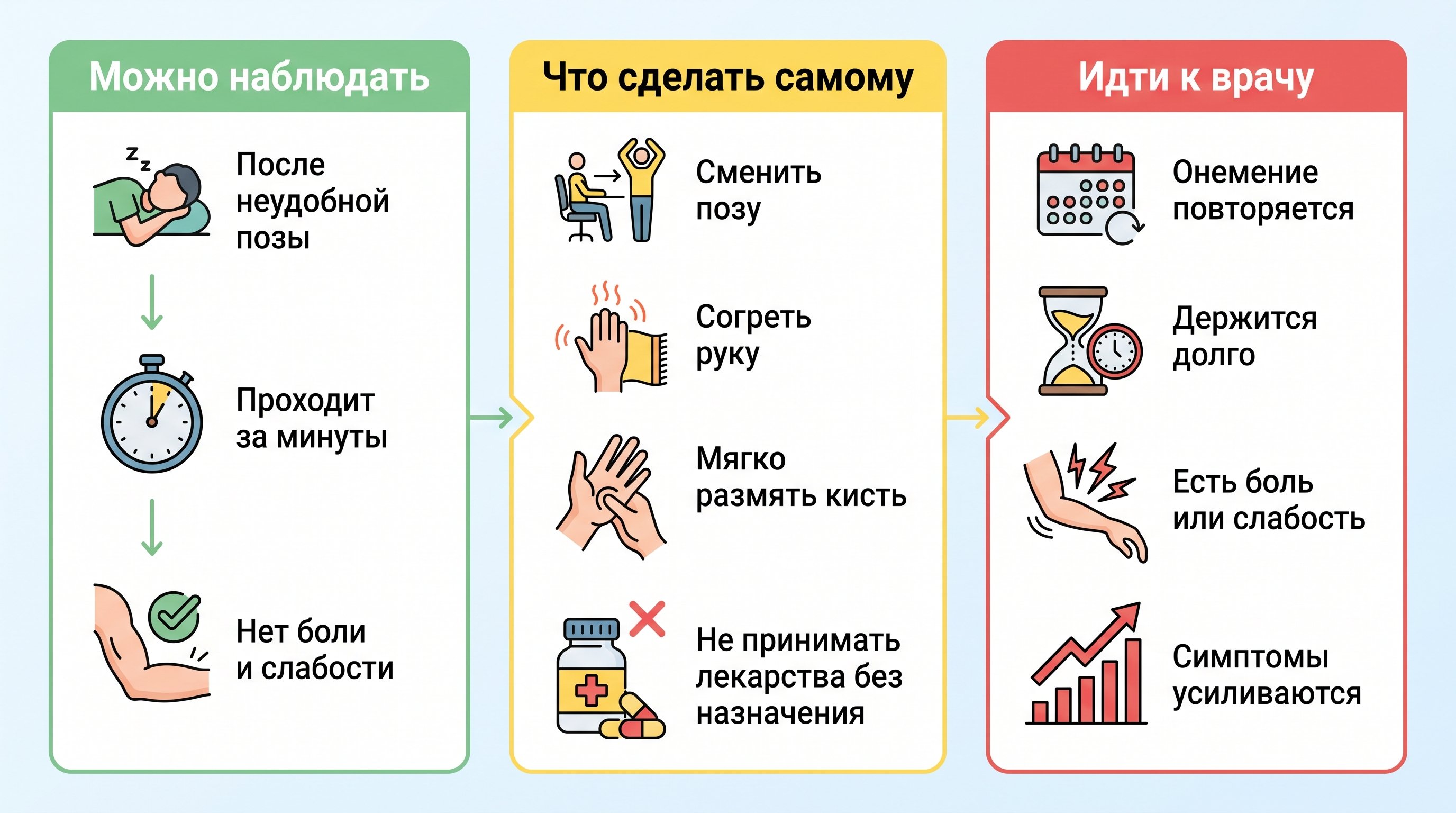 Аккуратная инфографика-памятка из трех вертикальных блоков с простыми медицинскими и бытовыми пиктограммами: зеленый блок для самонаблюдения, желтый блок для записи симптомов и