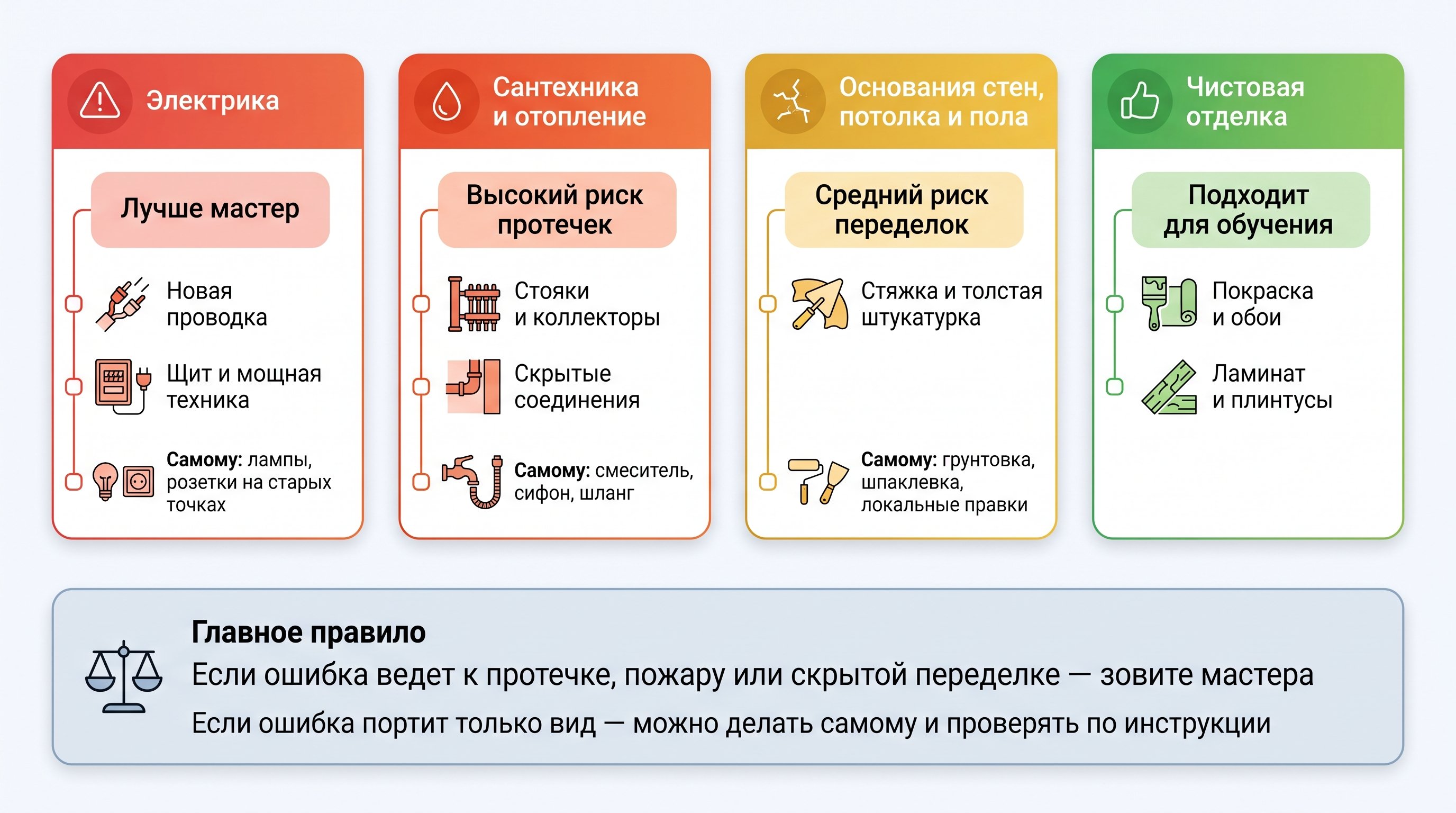 Информационная схема-чек-лист на чистом светлом фоне: четыре вертикальные карточки по типам работ с цветовой градацией риска и нижний блок с коротким правилом принятия решения