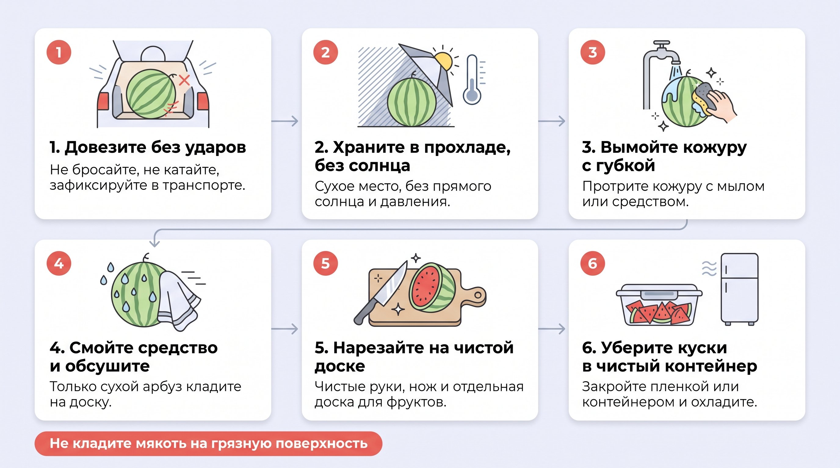 Чистая инфографика-памятка на светлом пастельном фоне: шесть округлых белых карточек с простыми плоскими иконками показывают последовательность домашних действий с арбузом —