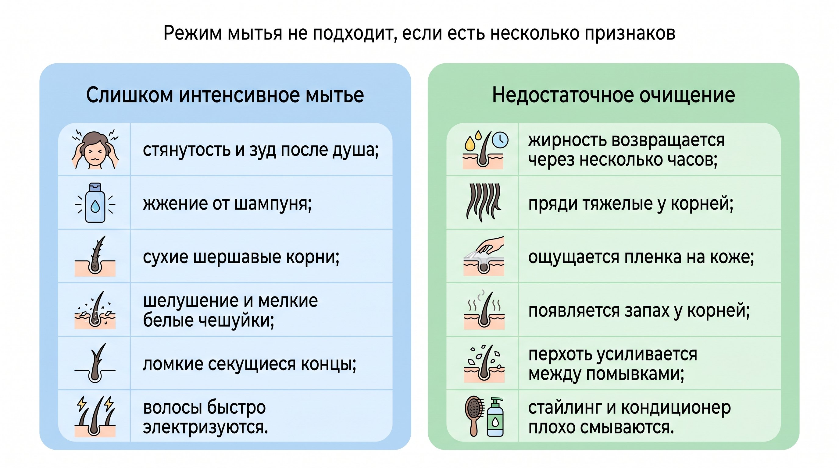 Аккуратная вертикальная памятка из двух колонок с мягкими цветными блоками: слева признаки слишком интенсивного мытья, справа признаки недостаточного очищения. Вверху короткий