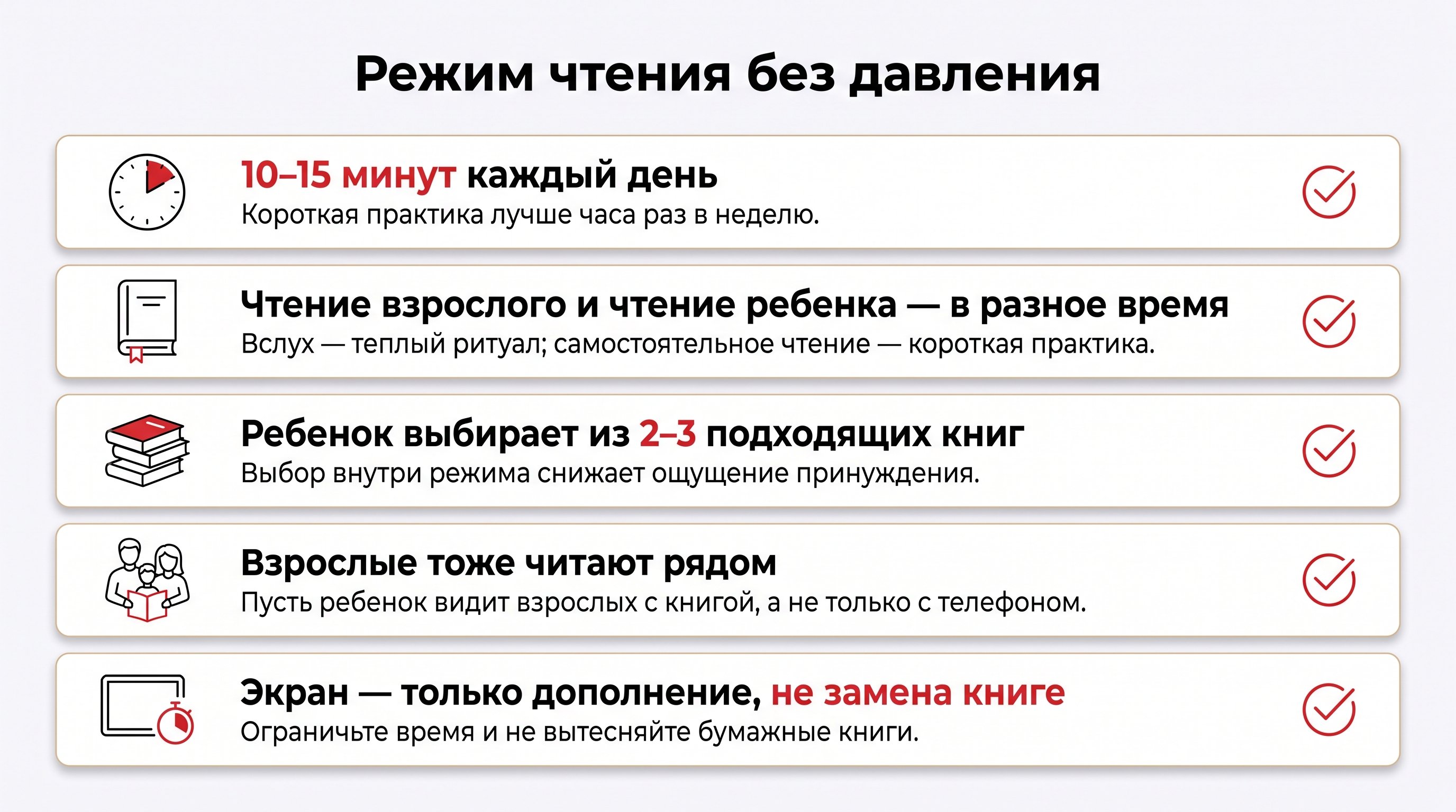 Чистая редакционная схема на светлом пастельном фоне: пять округлых белых карточек с мягкими тенями выстроены вертикально как памятка для родителей. У каждой карточки небольшой