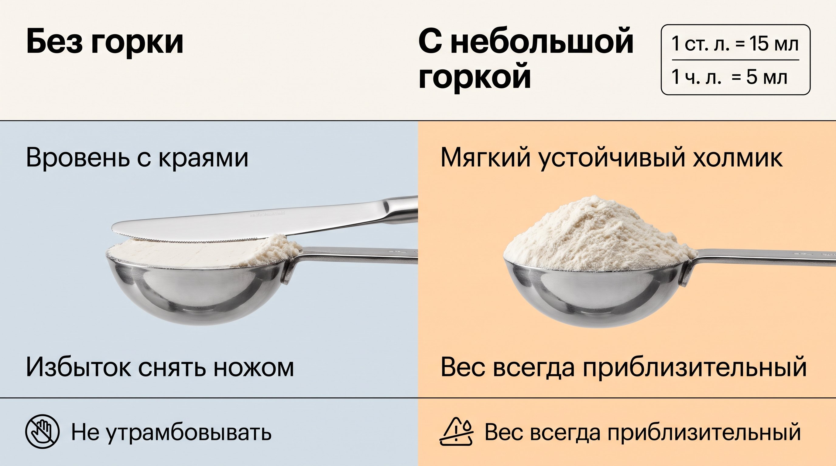 Точная актуализированная схема: Без горки; Вровень с краями; Избыток снять ножом; Не утрамбовывать; С небольшой горкой; Мягкий устойчивый холмик; Вес всегда приблизительный; 1 ст
