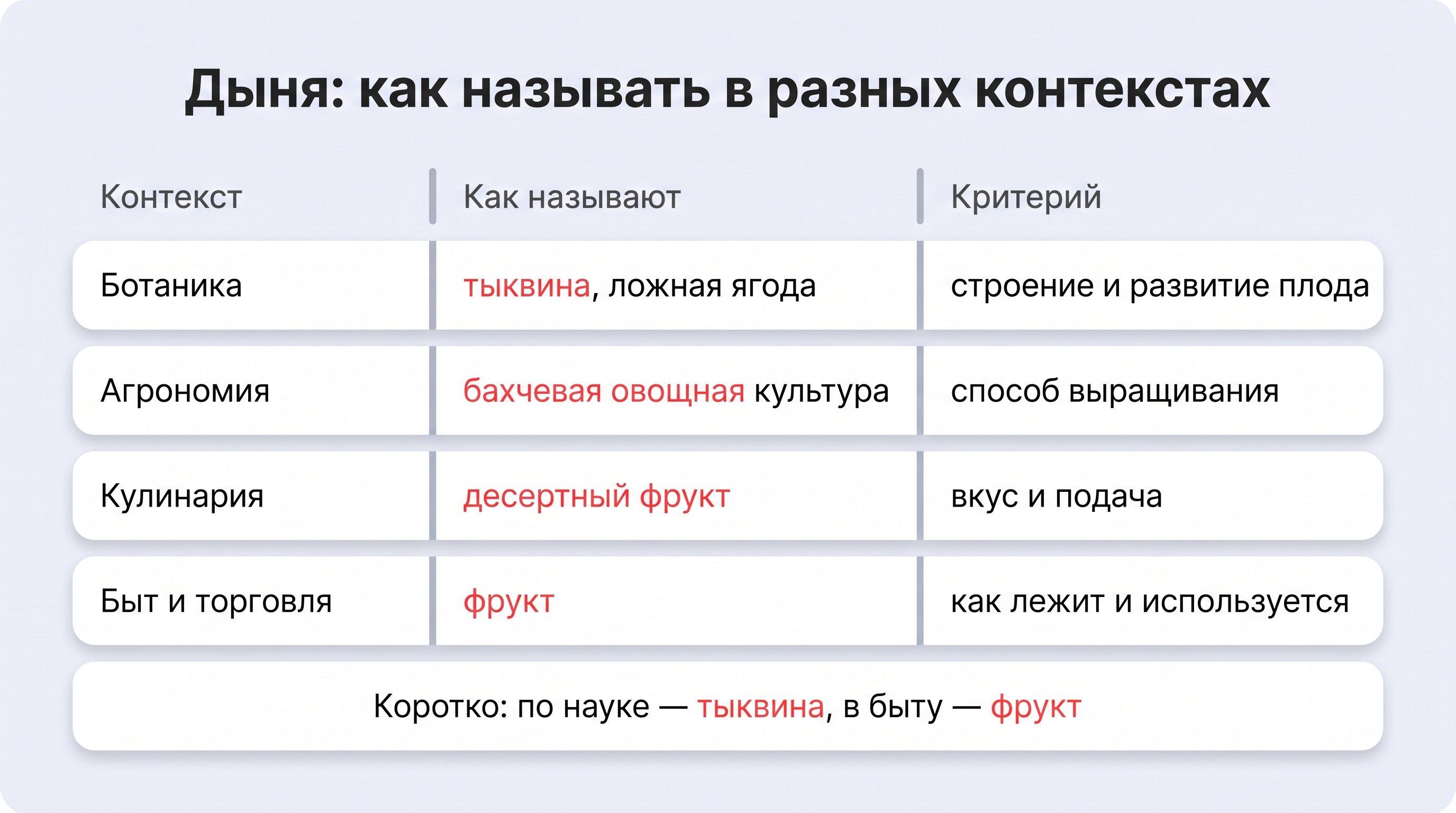 Чистая сравнительная таблица на светлом пастельном фоне с четырьмя строками: ботаника, агрономия, кулинария, быт и торговля. В каждой строке коротко показано, как называют дыню и