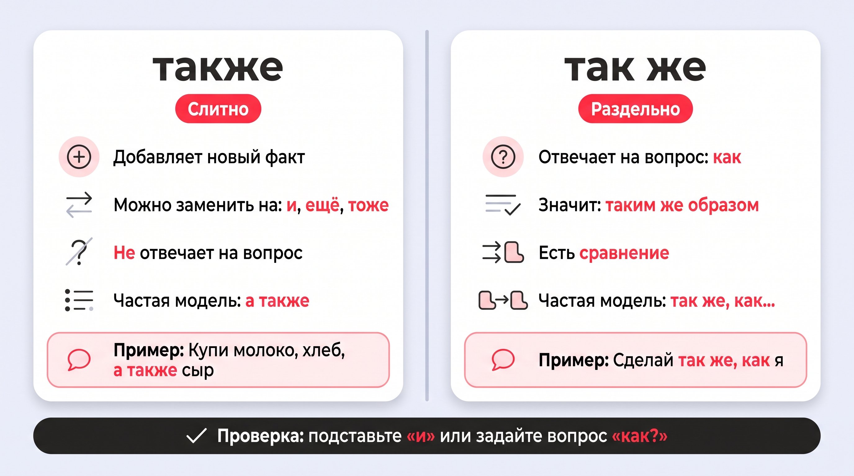 Слева добавление нового факта со словом также, справа сравнение способа со словами так же