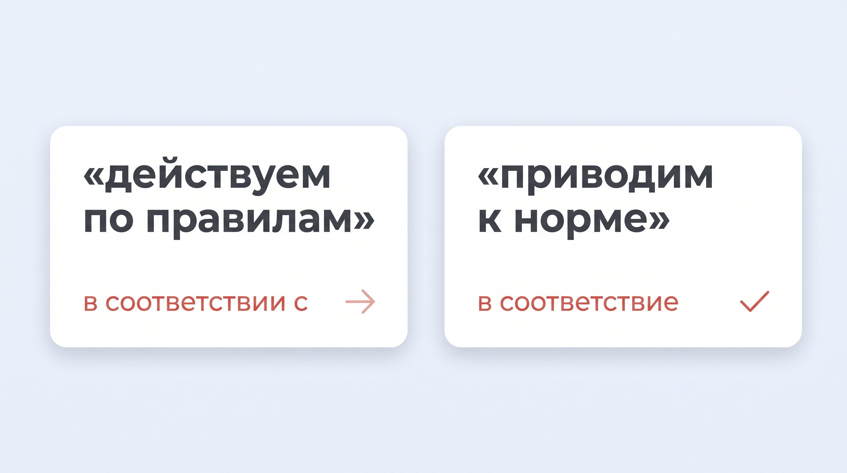 Две карточки сравнивают действие по правилам и приведение к норме