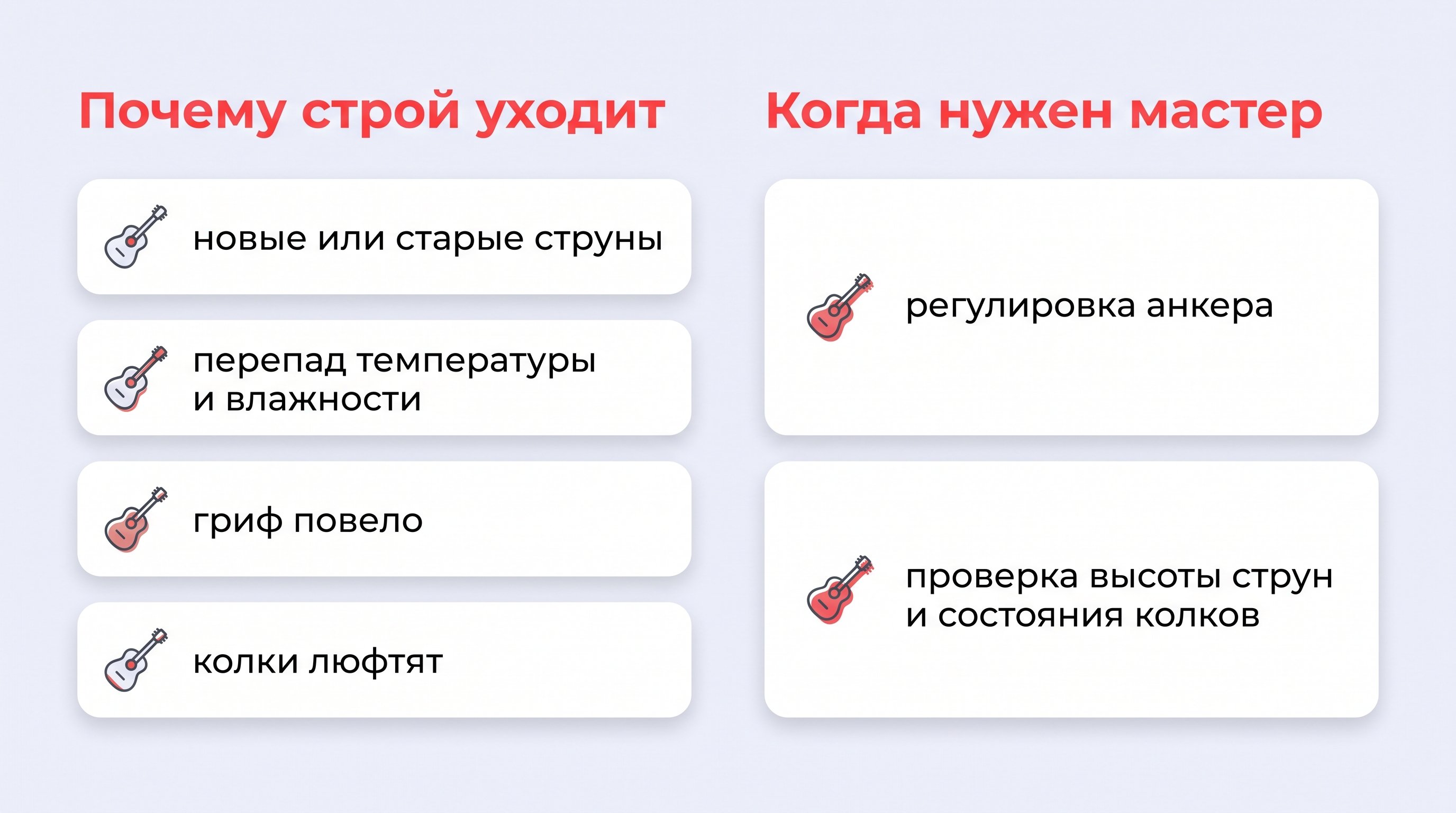 Плоская аккуратная чек-лист схема на светлом фоне с белыми карточками и мягкими тенями: слева блок «Почему строй уходит», справа блок «Когда нужен мастер». Внутри - короткие