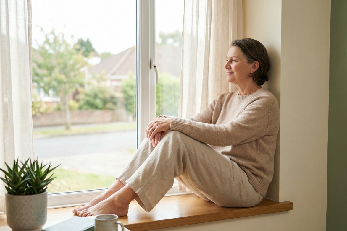 Девушка у окна после депрессии, радуется жизни