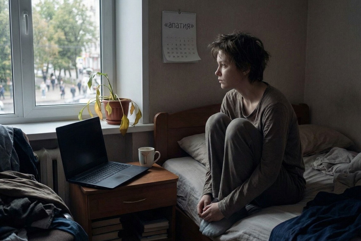 Девушка на кровати в апатии