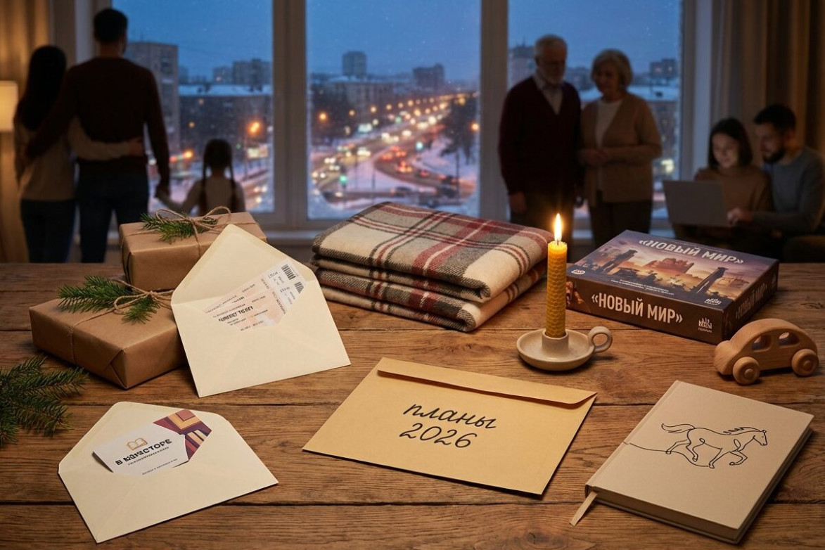 Новогодние подарки в упаковке под ёлкой на фоне праздничных огней