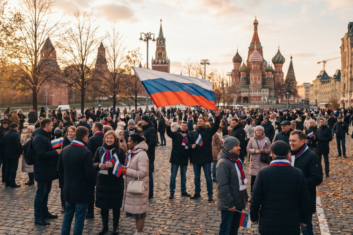 Люди идут по площади в осенней одежде возле памятника Минину и Пожарскому