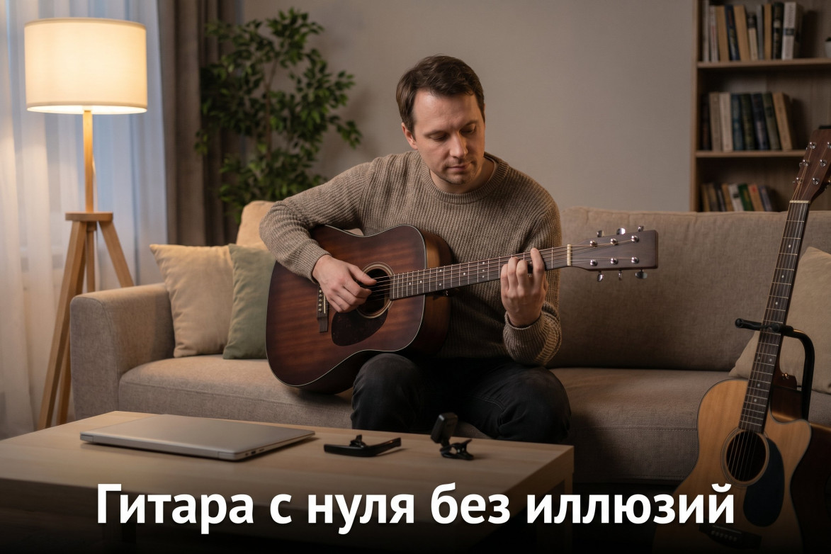 Взрослый человек сидит дома с акустической гитарой и смотрит на аккорды в тетради