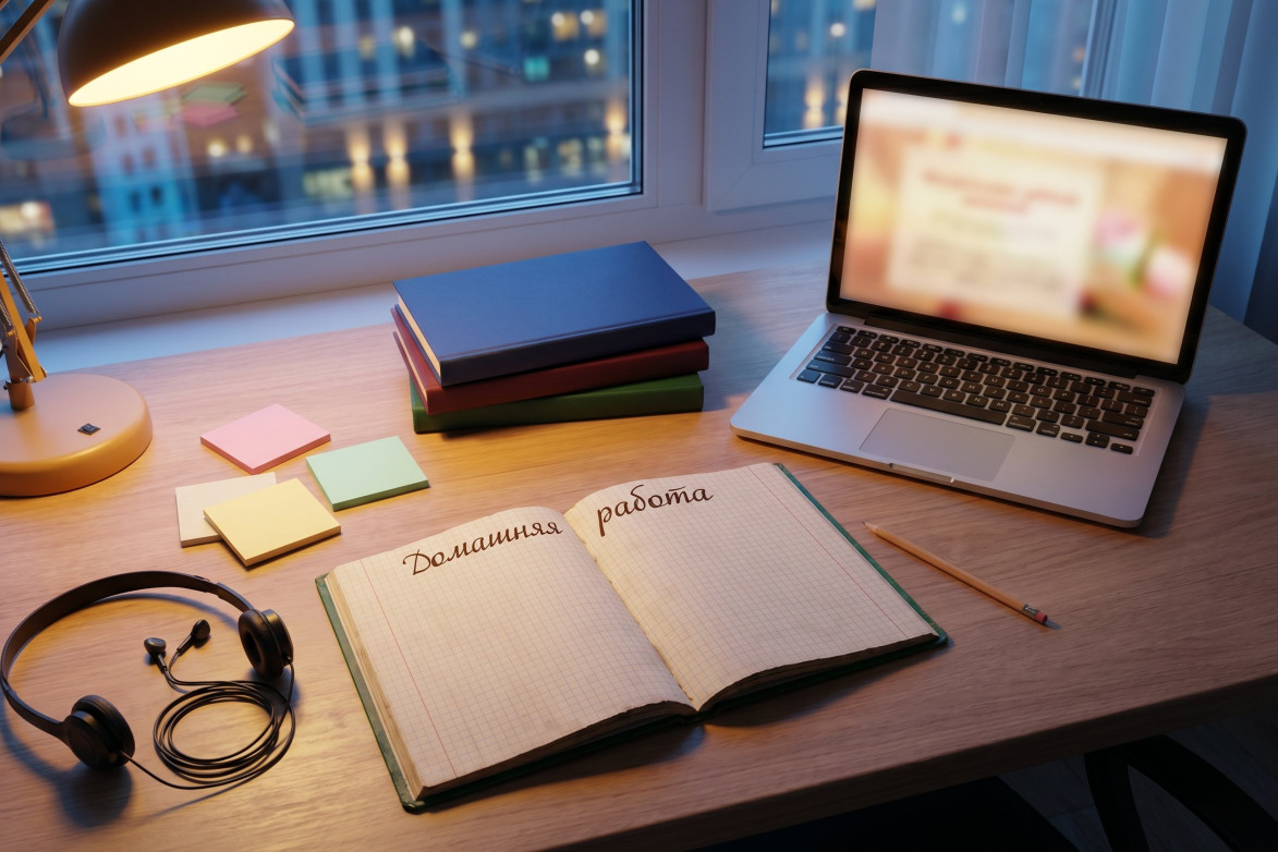 Школьная тетрадь с заголовком Homework и ручкой на столе