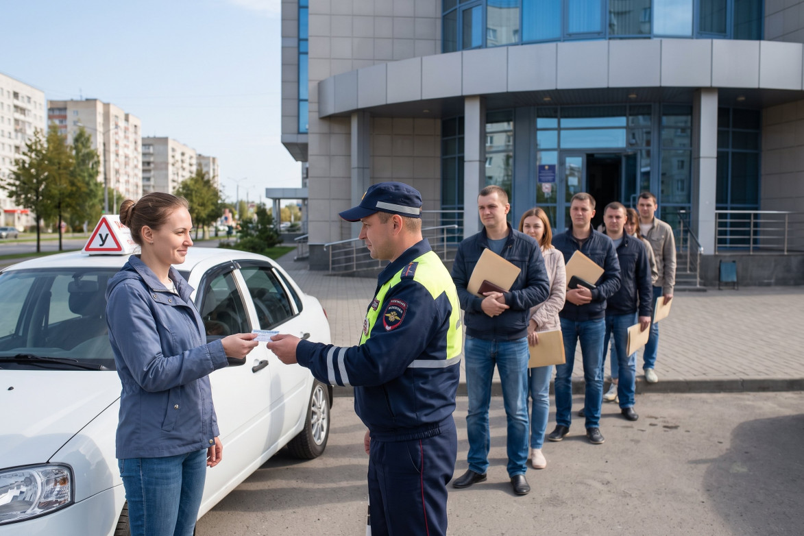 Инструктор и ученик в учебном автомобиле возле здания ГИБДД
