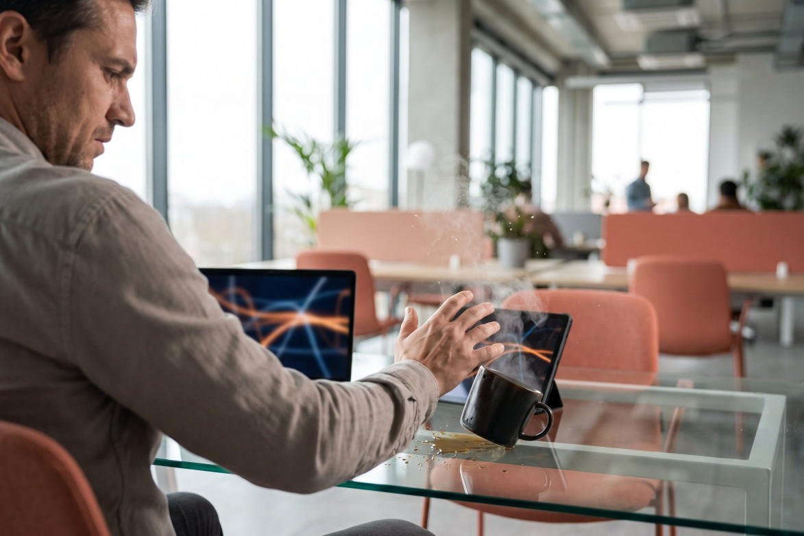 Человек, задумчиво смотрящий в окно, поверх схемы мозга и нервных связей