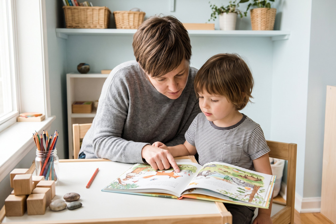 Родитель и ребенок вместе читают детскую книгу за столом