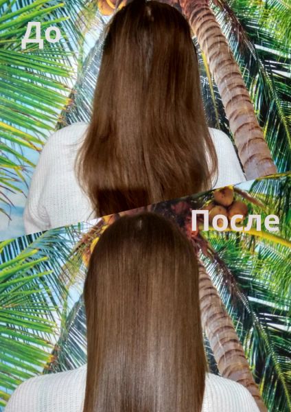 До процедуры Танинопластия (органическое выпрямление волос) волосы волнистые с сухими концами. После волосы шелковистые и блестящие.