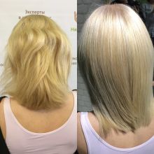 Фото до и после процедуры кератинового восстановления волос составом марки Honma Tokyo. Не содержит формальдегид (формалин). Нейтрализует желтый оттенок