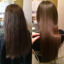Фото до и после процедуры кератинового выпрямления составом марки Honma Tokyo "Plast Hair Bixyplastia". Идеально подходит для волос славянского типа и является новым поколением без формальдегидных выпрямляющих и восстанавливающих средств