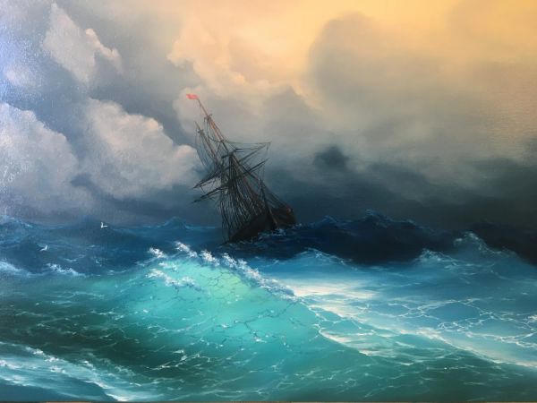 Картина маслом "Судно посреди шторма", свободная копия Айвазовского