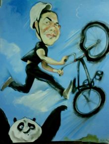 шарж парню интересующегося Китайской историей и культурой и любящего экстрим на велосипеде