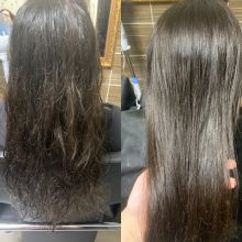 На фото эффект после процедуры просто высушены феном волосы, без использования утюжка. Подходит для поврежденных волос, и тем кто не хочет терять объём. 