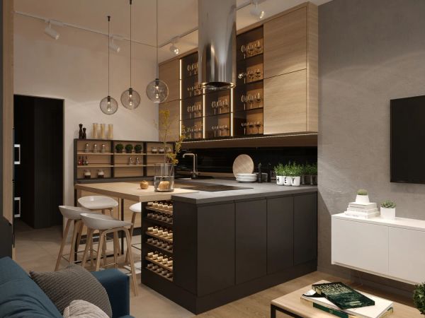 дизайн интерьера кухни-гостиной в стиле лофт 