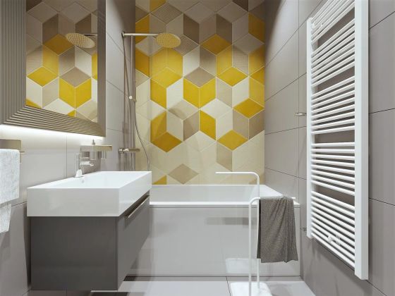 Дизайн маленькой ванной комнаты. Использованы спокойные серые тона в сочетании с яркой акцентной композицией на стене.